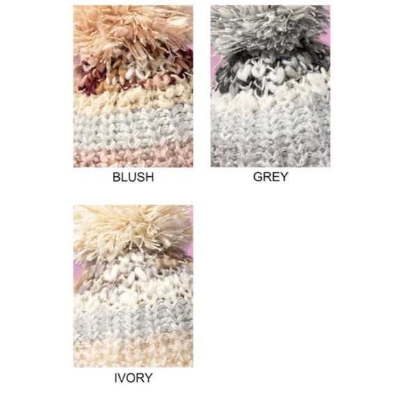 Ivory Cozy Knitted Striped Pompom Winter Knit Beanie Women's Hat Casual Gift