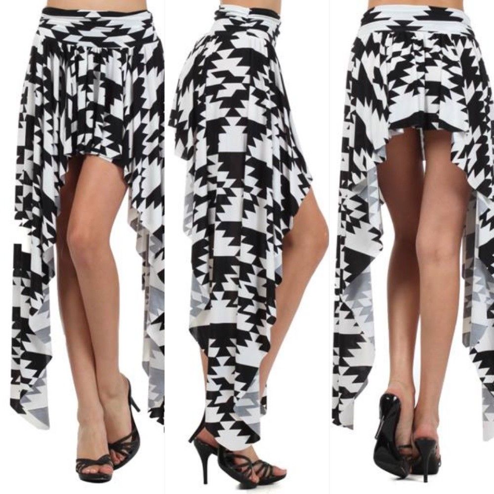 Skirt Aztec Asymmetrical High Low Hi Lo Black White Aztec Tribal Print