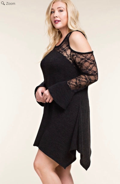 Vocal Dress Cold Open Shoulder Black Lace Bell Long Sleeves Shark Bite