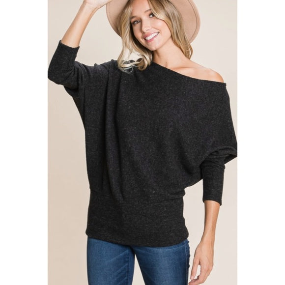 Black Solid Ribbed Off Shoulder Dolman Sweater Knit Casual Womens