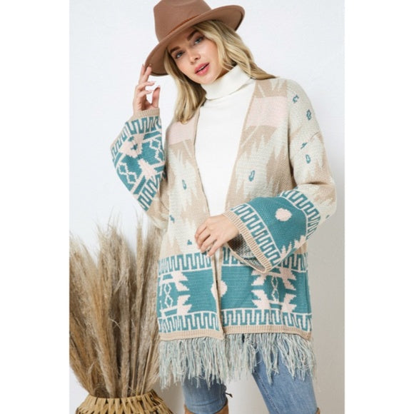 Taupe Teal Bell Sleeve Aztec Western Tribal Fringe Knit Boho Cardigan Sweater