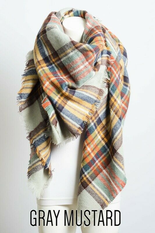 Gray & Mustard Classic Plaid Blanket Scarf with Fringe Womens