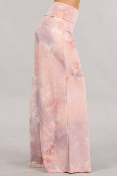 Lilac Mauve Tie Dye Wide Leg Palazzo Relaxed Fit Foldover Waist Lounge Pants