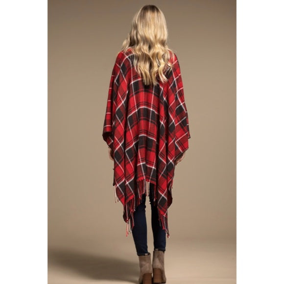 Red Black Plaid Blanket Ruana Knit Fall Winter Fringe Open Poncho Wrap