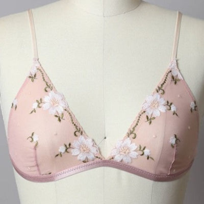 Periwinkle Pink Black Mesh Flower Embroidered Sheer Mesh Bralette