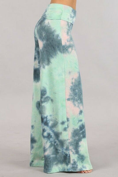 Teal Green Tie Dye Wide Leg Palazzo Relaxed Fit Foldover Waist Lounge Pants