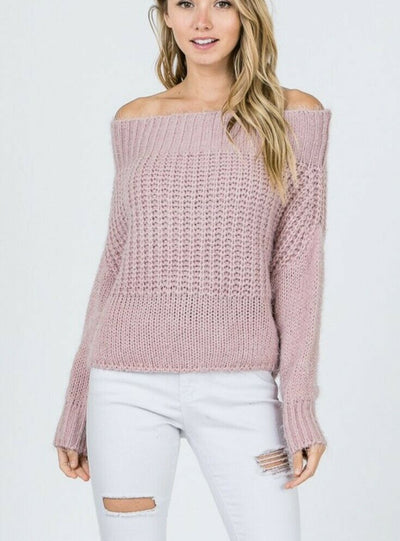 Blush Pink Off Shoulder Knit Long Sleeve Sweater Womens Casual