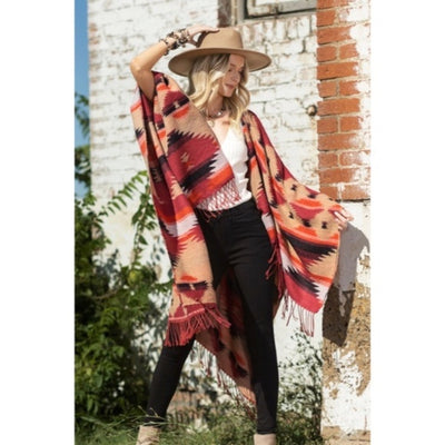 Red Rock Western Ethnic Oversized Knit Ruana Fringe Wrap Open Poncho Fall Casual