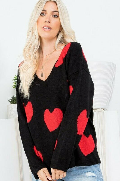 Black Red Multi Heart Knit V-Neck Valentines Day Long Sleeve Relaxed Sweater