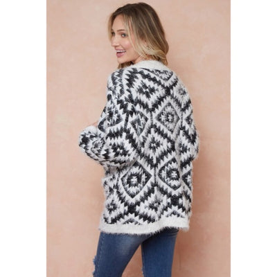 Ivory & Black Fuzzy Soft Eyelash Aztec Tribal Button Up Knit Cardigan Sweater