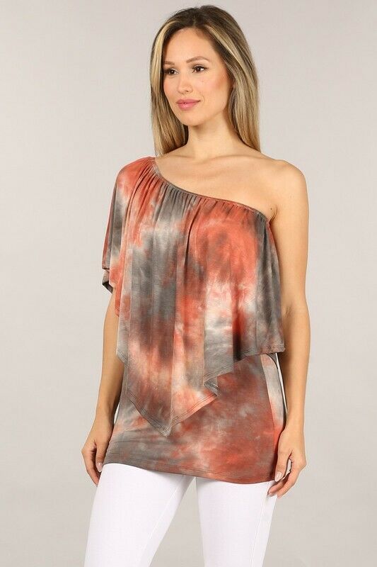 Rust Gray Tie Dye Boho Convertible Off One Shoulder Womens Casual Top