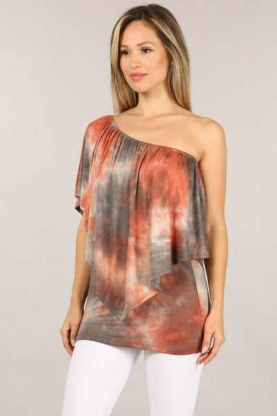 Rust Gray Tie Dye Boho Convertible Off One Shoulder Womens Casual Top