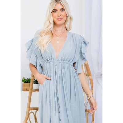 Misty Blue Gauze Boho Button Short Slv Deep V Woven Gathered Maxi Coverup Dress