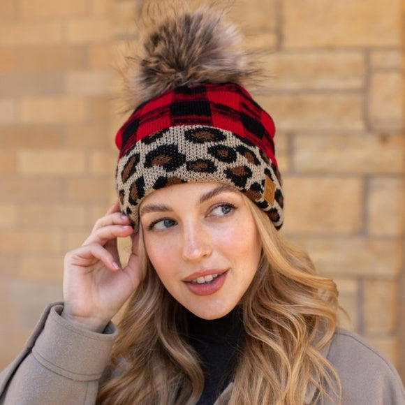 Leopard Red Buffalo Check Faux Fur Pom Beanie