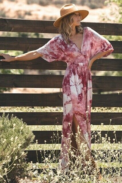 Wine Kimono Tie Dye Boho Relaxed Maxi V-Neck Casual Dress Womens