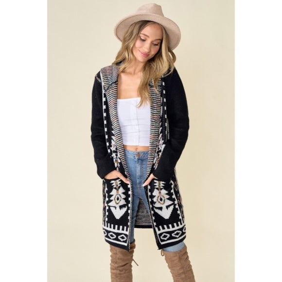 Black Aztec Rainbow Western Hooded Knit Cardigan Long Sleeve Open Sweater