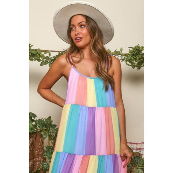 Rainbow Colorful Multi Color Bright Striped Tiered Tie Shoulder Maxi Dress