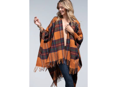 Amber Glow Plaid Fringe Accent Knit Fall Winter Ruana Wrap Open Poncho