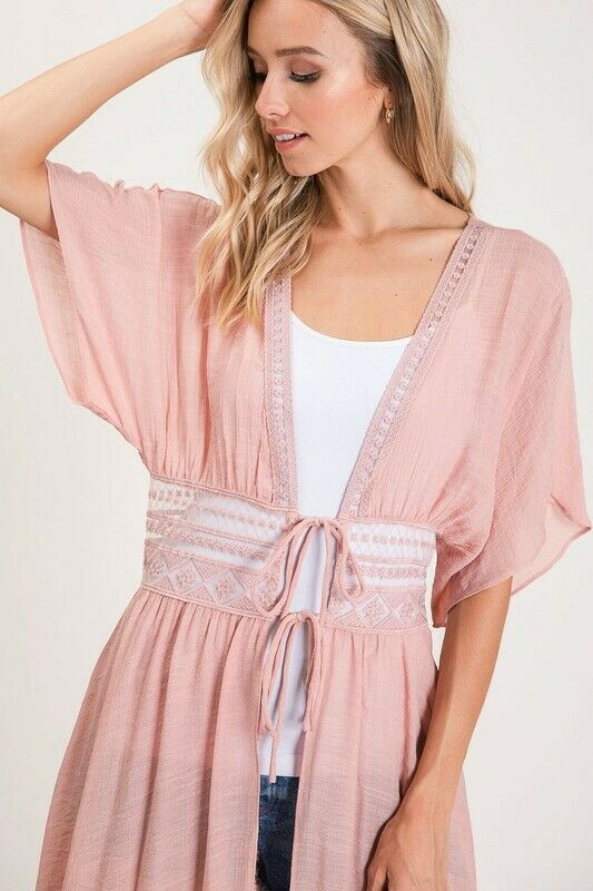 Blush Pink Crochet Boho Kimono Duster Short Sleeve Cardigan Wrap Womens