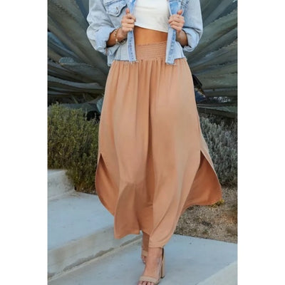 Camel Smocked Waist Side Slit Pocket Maxi Skirt Casual Womens