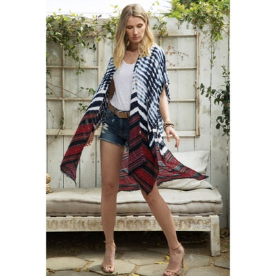 Indigo Tie Dye Jacquard Ethnic Boho Bohemian Motif Open Kimono Wrap Coverup