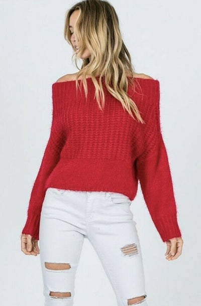 Red Off Shoulder Knit Long Sleeve Sweater Womens Casual