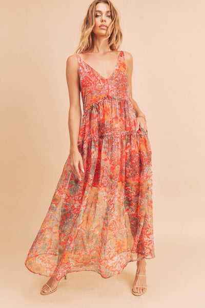 Violetta - Red Floral Tiered Sleeveless Maxi Dress