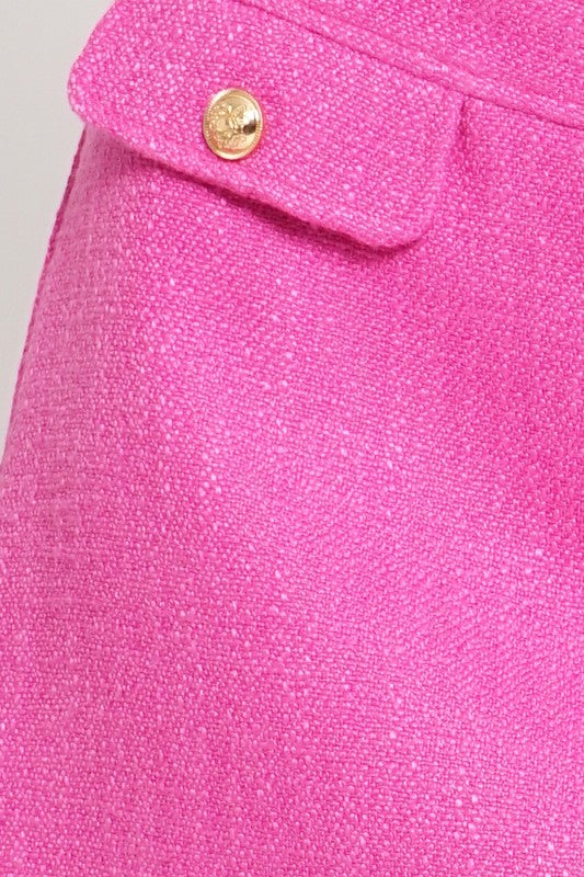 Hot Pink Tweed Faux Pocket Woven Button Mini Skirt