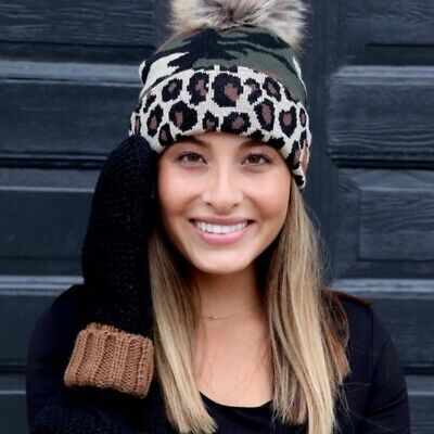 Leopard & Camo Fleece Lined Faux Fur Pom Winter Beanie Hat Womens