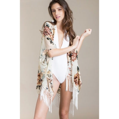 Maya Island Velvet Floral Macrame Tassel Fringe Kimono Cream Coverup Wrap