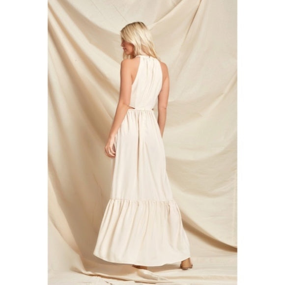 Bohemian Cream Solid Cut Out Waist Full Long Length Maxi Dress Women's