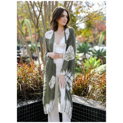 Olive Tie Dye Kimono Duster Wrap Coverup Casual Womens