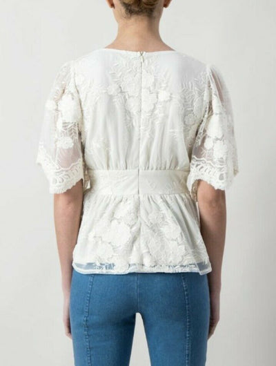 Dainty Cream Floral Lace Peplum Floral Top Casual Boho Blouse Womens