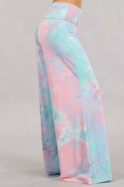 Aqua Pink Blue Tie Dye Wide Leg Palazzo Relaxed Fit Foldover Waist Lounge Pants