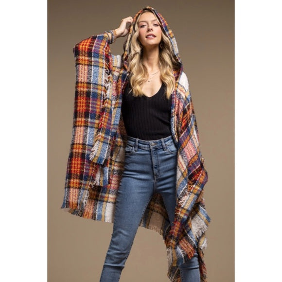 Vin Chaud Knit Plaid Hooded Hoodie Open Fringe Ruana Wrap Fall Winter Casual