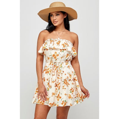 Cream Orange Floral Print Ruffle Trim Strapless Tube Casual Summer Mini Dress