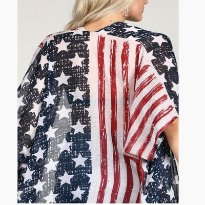 Flag Print American Tassel Fringed Womens Casual Kimono Wrap - One Size