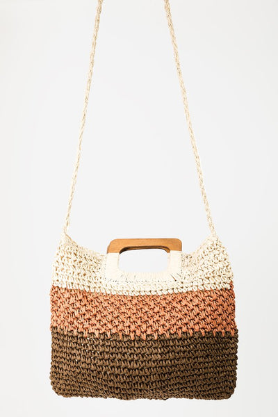 Three Tone Striped Square Wood Handle Woven Braided Straw Tote Bag