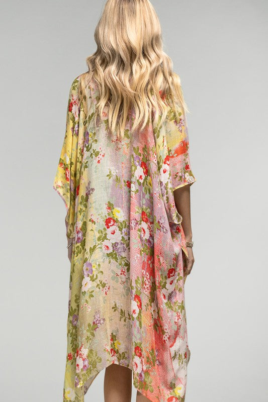 Whimsical Spring Colorful Floral Kimono Coverup Open Wrap Top Casual Women's