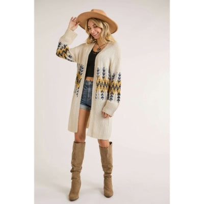 Ivory Mustard Tribal Pattern Puff Sleeve Knit Cardigan Sweater Fall Winter