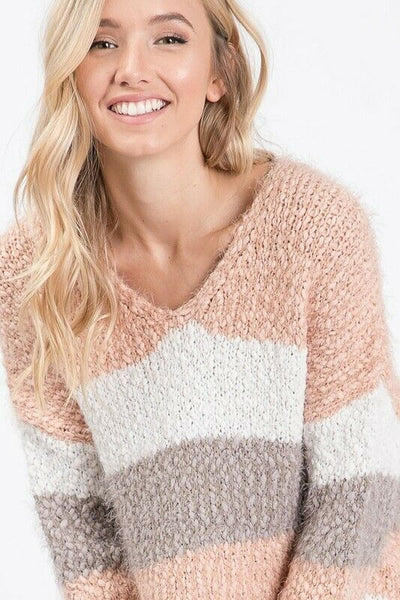 Blush Pink Striped Eyelash Popcorn Long Sleeve Casual Sweater Womens