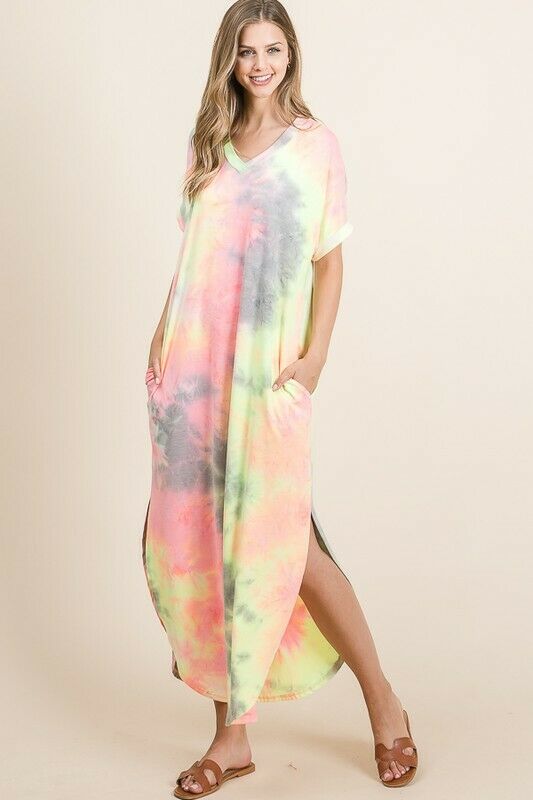 Neon Tie Dye Colorful V-Neck Maxi Long Casual Womens Short Sleeve Dress