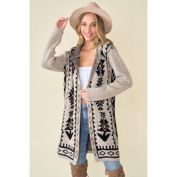 Oatmeal Aztec Rainbow Western Hooded Knit Cardigan Long Sleeve Open Sweater