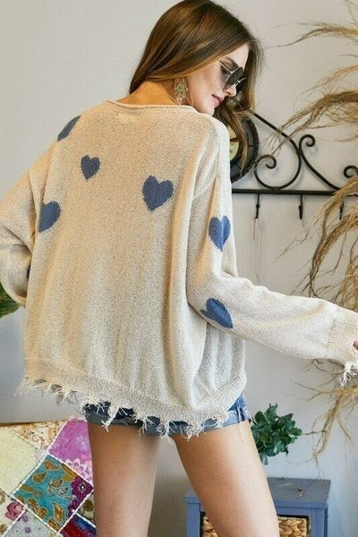 Khaki Blue Heart Valentines Day Distressed Frayed Hem Relaxed Knit Sweater