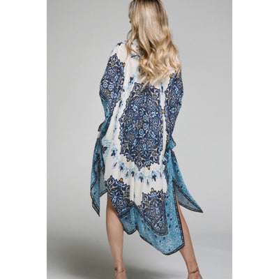 San Jose Blue Intricate Mandala Floral Bohemian Open Kimono Wrap Coverup