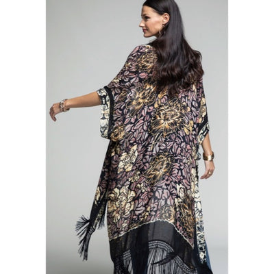 Delphi Floral Motif Tassel Kimono Duster Full Long Maxi Length Coverup Wrap