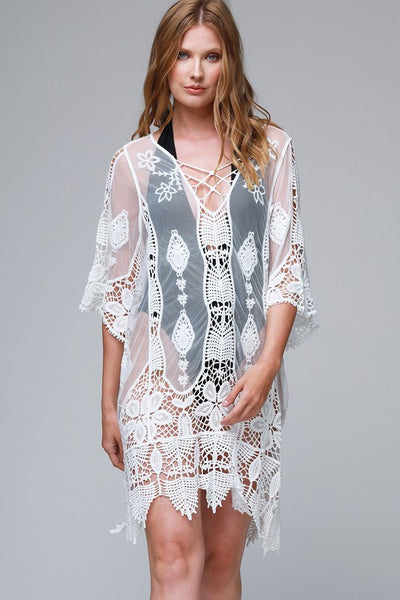 White Boho Crochet Pineapple Floral Sheer Swim Coverup Womens One Size