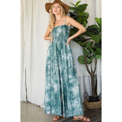 Green Tie Dye Wide Palazzo Flare Leg Smocked Bohemian Casual Jumpsuit w/ Pockets