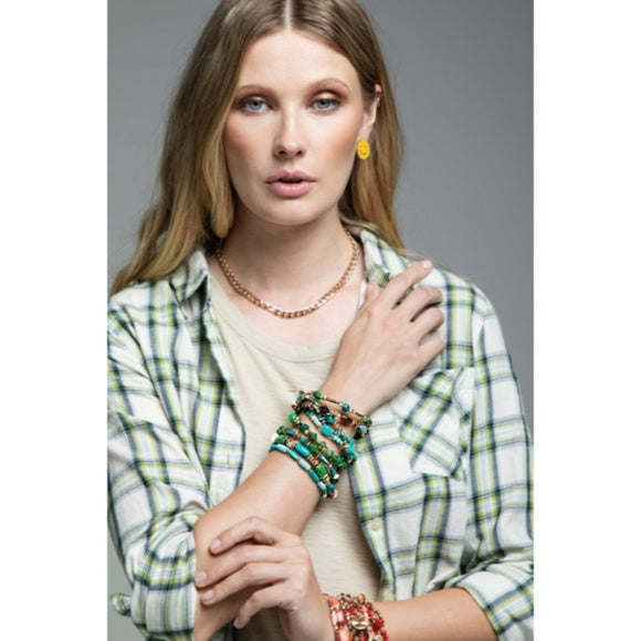 Green Hidden Valley Multi Layer Natural Stone Charm Boho Stretch Bracelet Set