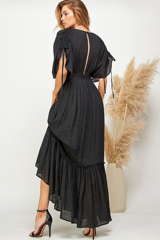 Black Ruffled & Tiered Plunge Neck Maxi Dress